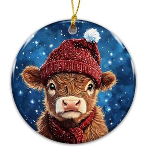 3 x Highland Cow Christmas Ornament 2025  Cute Farm Animal Ceramic Ornament with Red Hat & Scarf, Rustic Farmhouse Country Christmas Tree Decoration, Cow Lover Gift, Holiday Keepsake Ornament