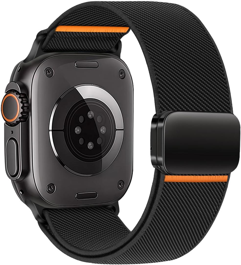 Magnetic Nylon Bands for Apple Watch Ultra 2/3 Band for Men 49mm 46mm 45mm 44mm 42mm iWatch Man, Stretchy Fabric Elastic Sport Strap Wristband for Apple Watch Series 11 10 9 8 7 6 5 4 3 SE Ultra 3/2/1 (01-Black orange line)