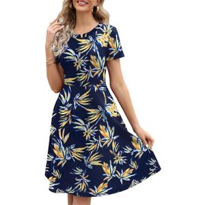 Women's Elegant Knee Length Dresses Vintage Summer Office Casual Floral Print Work Party A-Line Swing Dress with Pockets 162, XL