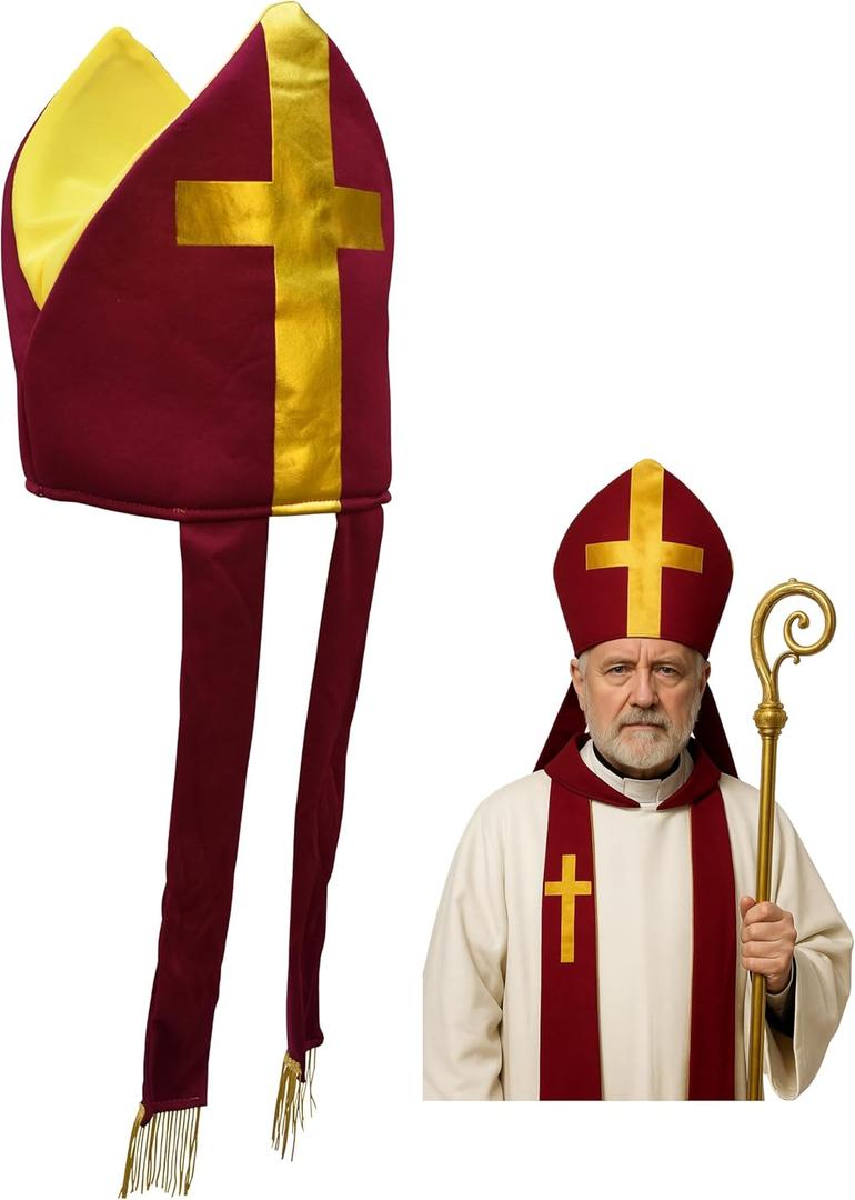 Nicky Bigs Novelties Adult Bishop Hat - Cardinal Priest Pope Hats - Saint Mitre Halloween Costume Accessory (Burgundy/Gold)