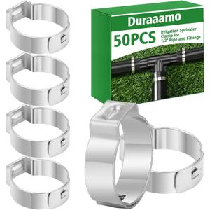 Duraaamo Irrigation Sprinkler Clamp Pinch Double Gripping Leakproof Hose Pipe Clamps, Solution for Leaking of Drip Irrigation Kit Connector for Pipe and Fittings, Stainless Steel (50 Pcs,1/4")