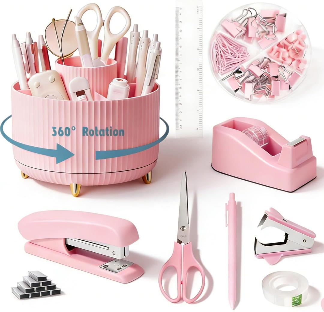 Gawsey Pink Desk Organizers and Accessories Set with 360-Degree Rotating Pen Holder, Tape Dispenser, Stapler, Staple Remover, 1000 Staples, Tape, Clips Set, Ruler, Scissor, Pen