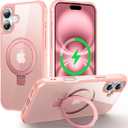 Magnetic Compatible with iPhone 16 Case with Stand [Military Grade Drop Tested][Compatible with Magnet] Ring Translucent Slim Hard Back Soft Edge, Pink
