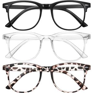 Okany 3 Pack Blue Light Blocking Glasses for Women Men, Round Computer Glasses Anti Eye Strain/UV/Glare Gaming Glasses (3 Pack Black + Leopard + White)