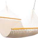 SANIWERKE Double Caribbean Hammock 79" x 55" Woven Bed, 12 FT Long with Solid Spreader Bars, Hand Tightly Woven Rope Net, All Weather Outdoor Hammock for 2 Persons, 450 LBS Capacity, Warm Oatmeal