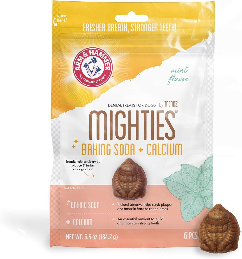 Arm & Hammer for Pets Mighties by TREADZ Dental Treats for Dogs with Baking Soda and Calcium, Help Fight Bad Breath, Plaque & Tartar without Brushing, Mint, Gorilla Shaped, 6 Pcs (Packaging may vary) (6.5 Ounce (Pack of 1))