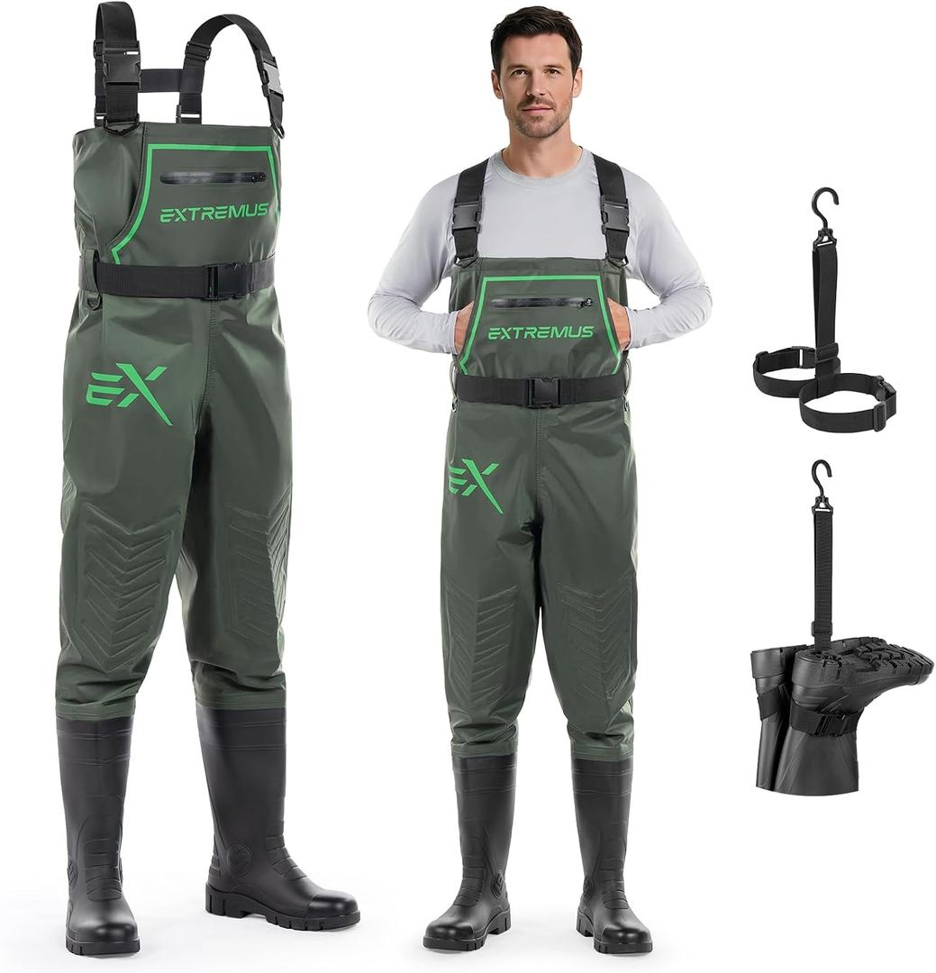 Extremus MarshPro Fishing Waders for Men, 100% Waterproof PVC Chest Waders with Slip-Resistant Boots