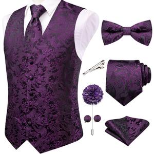 Hi-Tie Men's Silk Vest Bowtie Set Formal Suit Vest Jacquard Tie Handkerchief Cufflinks 5PCS Dress Waistcoats Wedding Large