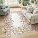 Wonnitar Washable 5x7 Area Rugs for Living Room, Camellia Floral Rugs for Bedroom Girls, Non-Slip Soft Flower Scalloped Rug Carpet for Kids Nursery Room Bedside Dorm Home Decor(Beige,5'x7')