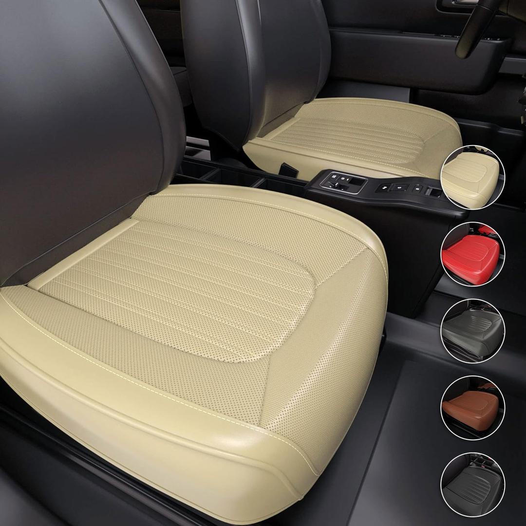 FEELON 2 Pieces ZC Car Seat Covers Front Bottom Seat Cushion Covers, Waterproof Nappa Leather, Anti-Slip and Wrap Around The Bottom, Universal Auto Interior Fit for Sedans SUV Pick-up Truck, Beige