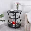 Round Side Table, 3 Tier Accent End Table with Storage Shelf, Corner Sofa Beside Table for Small Spaces,Circle Nightstand with Metal Frame for Living Room, Bedroom (Black), 19.7 x 19.7 x 21.7 Inches