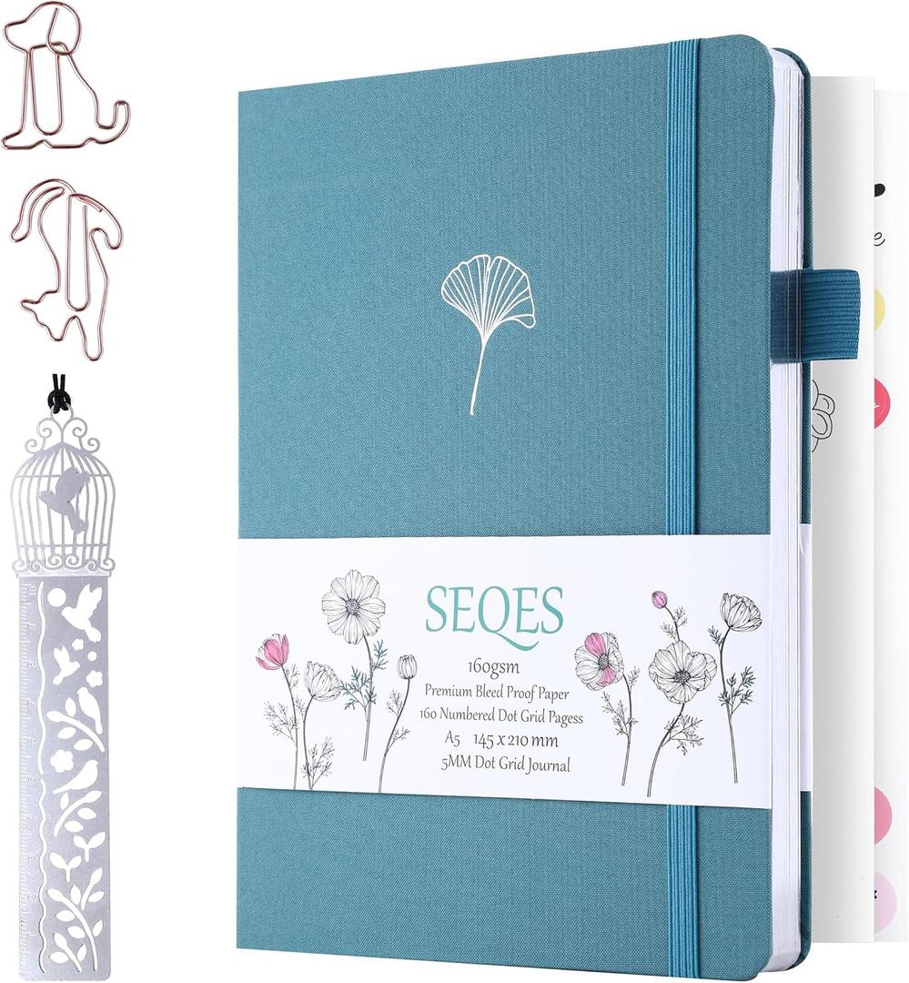 A5 Bullet Dotted Journal Notebook | 160gsm Thick Bleedproof Paper, Lay Flat Binding, 160 Numbered Pages | Hard Cover Dot Grid Notebook/Bullet Journals for Creatives & Professionals-Ginkgo leaf