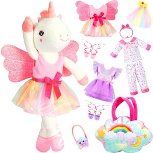 HUITEM Unicorn Toys for Girls Age 4-6, Ballerina Doll Stuffed Animal with 3 Set Clothes, Plush Bag, Accessories, 16 inch Unicorn Doll Toys Birthday Gift for 3 4 5 6 Year Old Little Girls