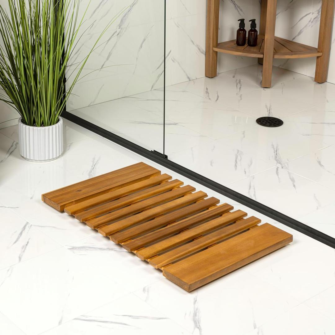 JONATHAN Y Acacia Wood Slat Indoor/Outdoor Bath Mat Natural 16"X26", Paige Modern Classic for Shower Mat for Bathroom Bathtub, Door, Spa, Sauna or Garden MAT1000A