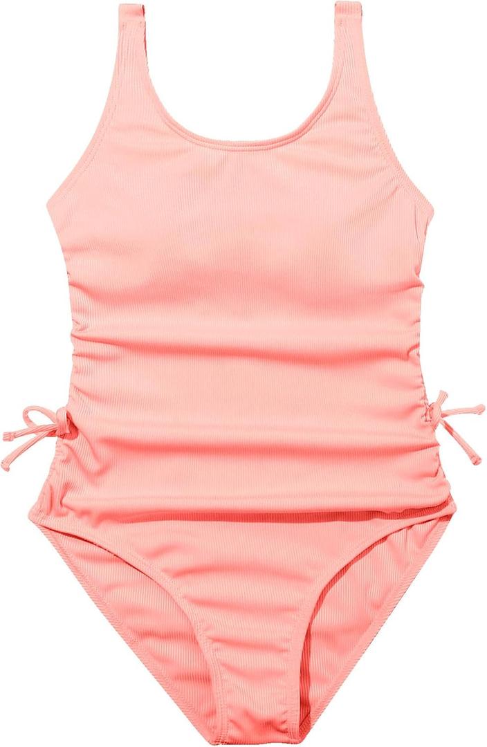 OYOANGLE Girl's Cute Spaghetti Straps Round Neck Drawstring One Piece Swimwear Tie Bathing Suit (Pink, Medium)
