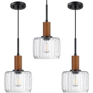 3 Pack 1 Light Industrial Modern Farmhouse Hanging Kitchen Island Pendant Ceiling Light Fixtures,Natural Wood 7.2" Clear Textured Glass Black Finish Over Sink Restaurant bar Corridor