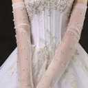 Women Long Fingerless Sheer Wedding Gloves Pearl Tulle Elbow Length Arm Sleeves for Bridal Princess Dress (White)