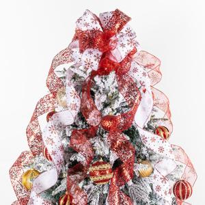 LEEQE Red and White Glitter Christmas Tree Topper Bow 11 Inch with 6 Ribbon Tails 3 Yards Long Wired Ribbon for Holiday Easy Style Party Decoration