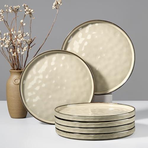 HaWare Stoneware Dinner Plates Set of 6, 10" Heavy Duty Ceramic Plate, Reactive Glaze Ripple Dinnerware for Home Restaurant, Chip and Scratch Resistant, Microwave and Dishwasher Safe, Saturn Khaki