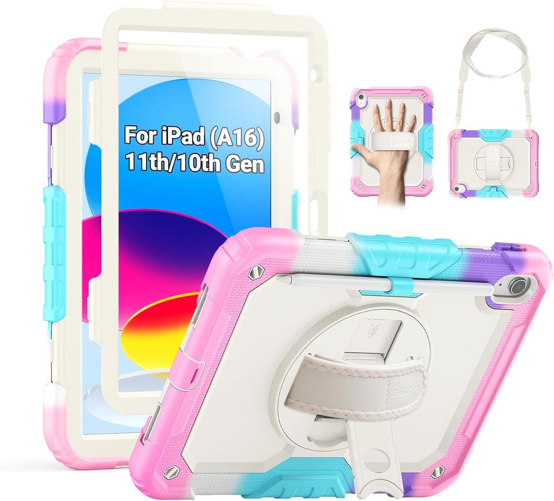 SEYMAC Case for iPad (A16) 11th/10th Generation 2025/2022 (11/10.9), Sturdy Heavy Duty Full-Body Shockproof Protective Case with Screen Protector, Rotating Stand, Hand/Shoulder Strap, Colorful/Pink