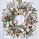20" Christmas Wreath with Lights, Christmas Wreaths for Front Door with Bow Balls Ribbon Berries & Pine Cones Xmas Wreaths for Front Door Wall Home Outdoor Decor (1 Pcs)