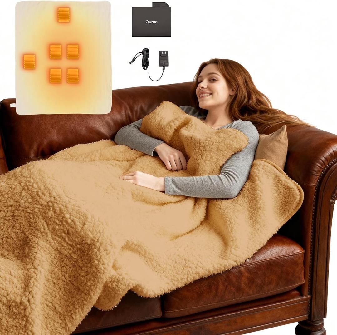Ourea Cordless Heated Blanket with 10000mAh Power Bank, Portable Rechargeable Sherpa Throw, Low-Voltage Battery Operated Heating Blanket for Indoor & Outdoor Use, Soft Warm Cozy Gift for Women