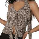 SHENHE Women's Leopard Print Halter Crop Top Y2K Print Ruffle Slim Fitted Asymmetrical T Shirts, XS
