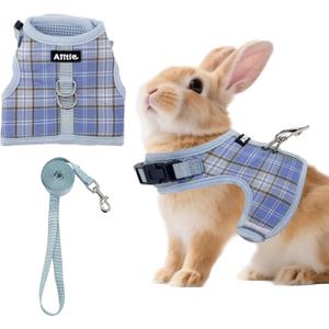 AIITLE Breathable Rabbit Harness and Leash Set - Plaid Pattern Padded Vest with Magic Tape Design, Dual D-Rings, Adjustable for Small Animal Pets, Indoor Outdoor Training Camping, Blue M