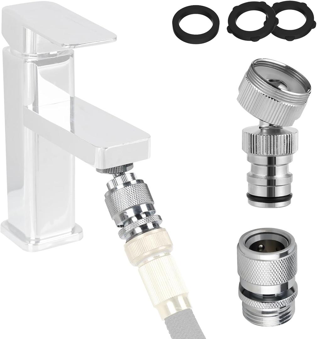 Hibbent Faucet Adapter Kit, Swivel Adapter to Connect Garden Hose - Multi-Thread Solid Brass Quick Connector Garden Hose Fitting 3/4 Inch - Chrome