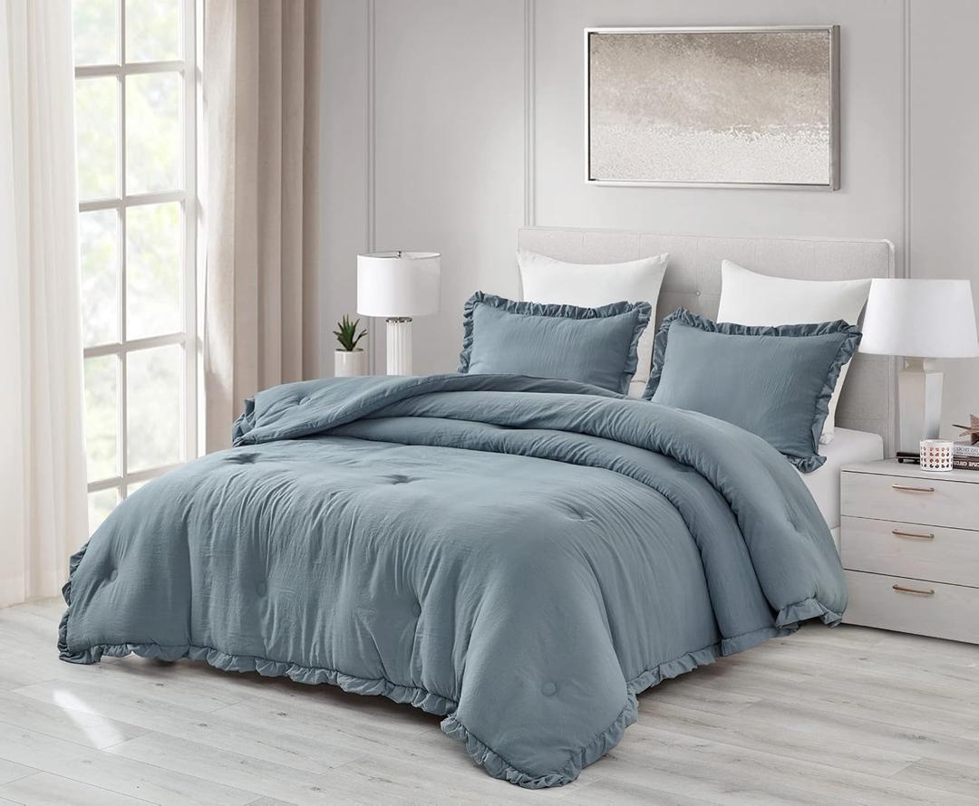 Chezmoi Collection Nora Dusty Blue Comforter Set King Size 3-Piece Fluffy Soft Stone-Washed Ruffled Shabby Chic Bedding for All Season