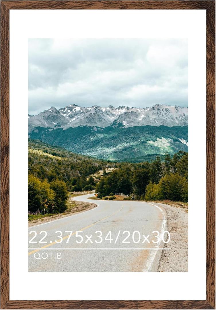 Wood 22.375x34 Picture Frame with 20x30 Mat, Display 20x30 with Mat or 22.375x34 Without Mat, Wood 22.375 by 34 Photo Frame, 22.375 x 34 Frame for Wall Hanging Display, Deep Brown
