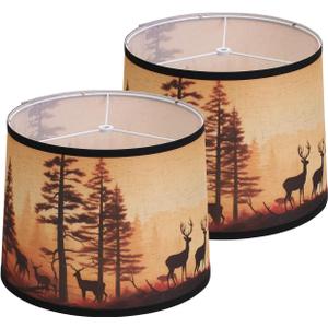 Rustic Deer Printed Large Drum Lamp Shades Set of 2. Easy Assembly.11.4"x13"x10" Barrel Brown Lamp Shade For Cabin Lodge Decoration.Replacement Lamp Shades For Table Lamps (Spider Model)