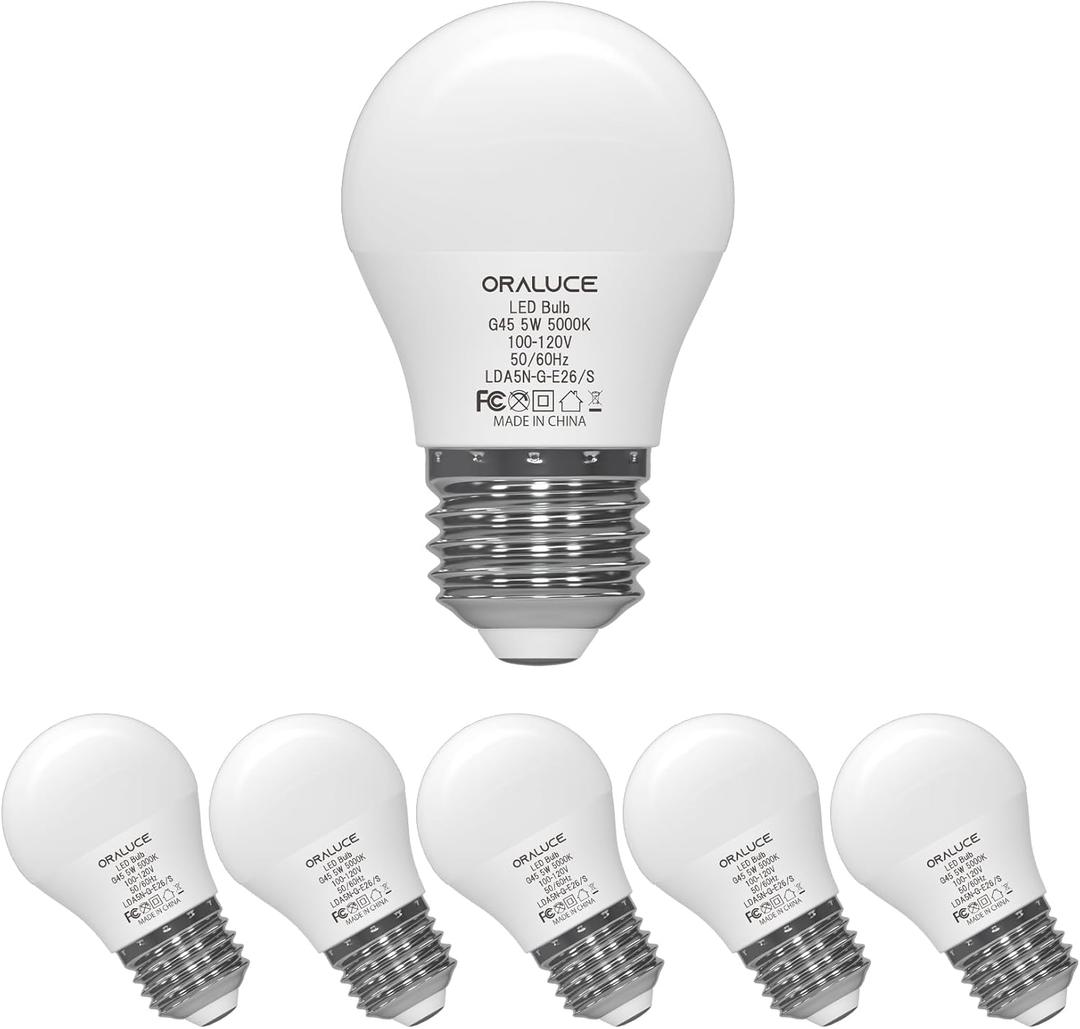 ORALUCE A15 LED Bulb 5 Watts Daylight White 5000K,40W Equivalent Table Lamp Bulb, E26 Standard Screw Base G45 Shape Small Light Bulbs for House Lighting,450 Lumens,Non-Dimmable,6 Pack