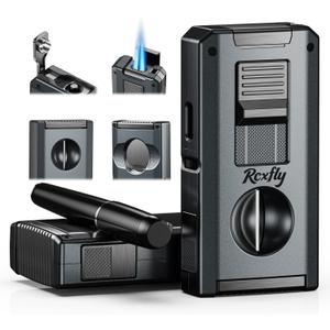 5-in-1 Torch Lighter with Holder, V & Straight Tool, Dual Jet Flame, Gifts for Men, Multifunctional Accessories, Adjustable & Windproof Lighter Set, Refillable Butane Lighter for Travel (Blue Gray)