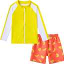 Boys Two Piece Swim Set Zipper Rash Guard Swimsuits Long Sleeve Bathing Suit for 4-12 Years (Yellow Banana)