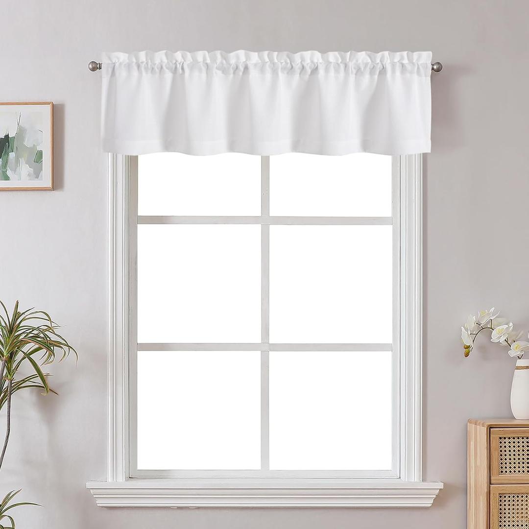 Chyhomenyc White Valance for Windows, Light Filtering Faux Linen Solid Short Curtain Valance, Burlap Decorative Small Curtain for Kitchen Bathroom Laundry Basement, 60Wx12L inch, 1 Piece