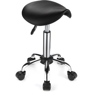 Saddle Rolling Stool with Wheels PU Leather Height Adjustable Swivel Stool Chair Black