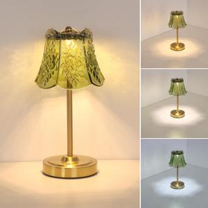 Small Table Lamp with 5200mAh Battery & Touch Control - 3 Adjustable Color Temperatures, Dimmable Rechargeable Table Lamps for Living Room, Bedroom, Bedside (Green Rose)