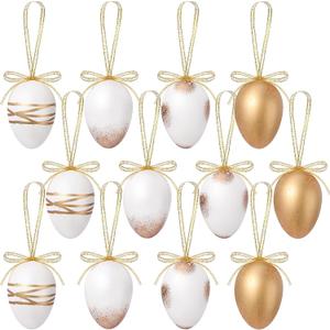 RoundFunny 12 Pcs White Gold Neutral Easter Egg Ornaments Tree Decoration Plastic Speckled Egg Hanging Ornament Bulk 2.36'' Rustic Easter Decorations for Basket DIY Crafts Holiday Party Favors