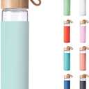 20 Oz Borosilicate Glass Water Bottles with Silicone Sleeve BPA Free, Dishwasher Safe - Reusable Clear Glass Drinking with Leak Proof Bamboo Lid | Perfect Gym Water Bottles for Men & Women, Purist Blue