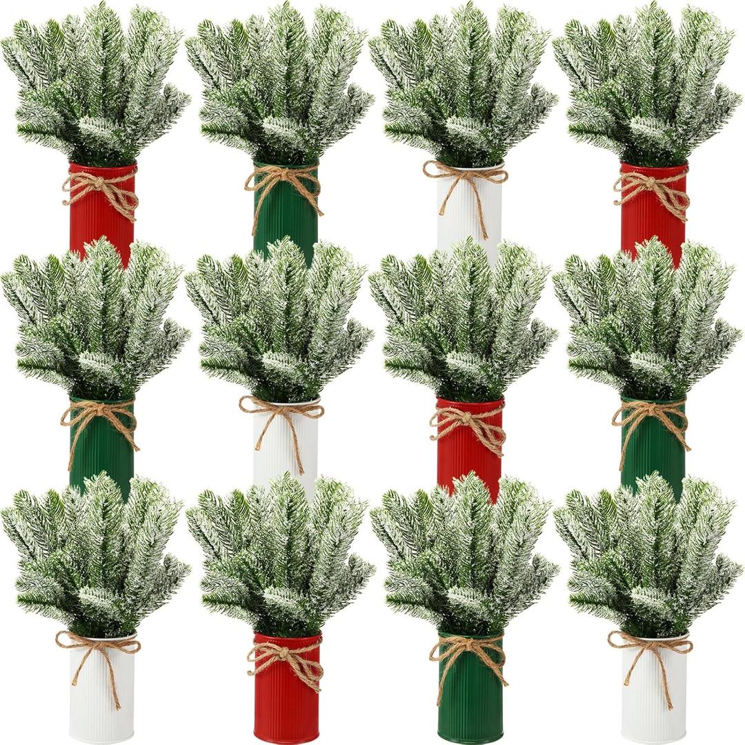 Tioncy 12 Set Christmas Table Centerpieces Floral Arrangement Artificial Plants with Pots Christmas Farmhouse Decorations Faux Rustic Snow Pine Galvanized Decor for Home Room (Classic)