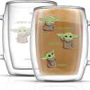 JoyJolt Awake! Grogu Coffee Mug Set of 2 Double Wall Mug. 13.5oz Large Espresso, Cappuccino or Latte Cup. Mandalorian Star Wars Mugs, Insulated Coffee Mug, Clear Glass Cups Coffee Cup Set