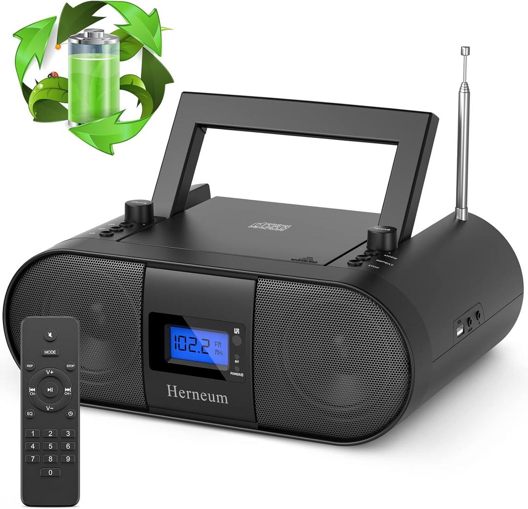 CD Player Portable, FM Radio with Dual Stereo Sound System, Rechargeable Bluetooth Boombox with Remote Control, Support USB & AUX-in, Headphone Output Black