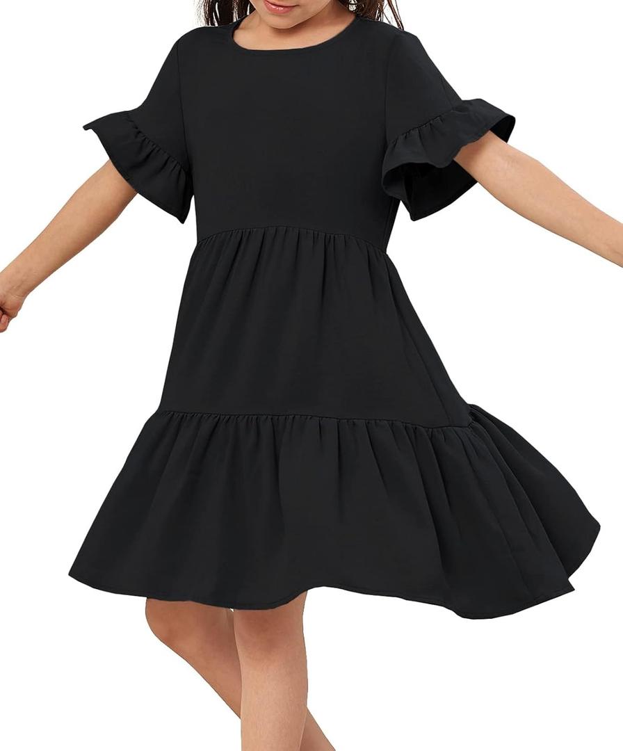 Geckatte Girls Dresses Summer Casual Floral Print Ruffle Short Sleeve Tiered Pleated Kids A-Line T-Shirt Dress (7-8 Years, Black)