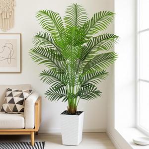 6ft Artificial Palm Tree with White Planter - Tall Fake Palm Tree Indoor Fake Tropical Plant for Home Office Living Room Bedroom Modern Decor