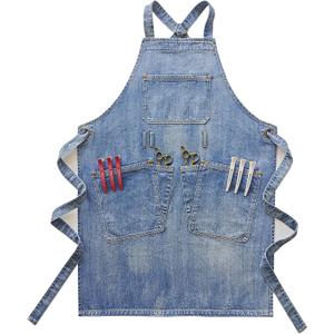 Denim Apron With Pockets,Distressed Jean Apron,Hairstylist Aprons,Denim Work Apron - Washing Style | Adjustable XXL (Light Blue)