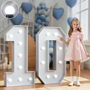 Marquee Numbers 3 Feet Tall Big Light Up Numbers 10th Happy Birthday Decorations Girl Boy White Anniversary Party Decor Large Cardboard Prop Backdrop Sign 10