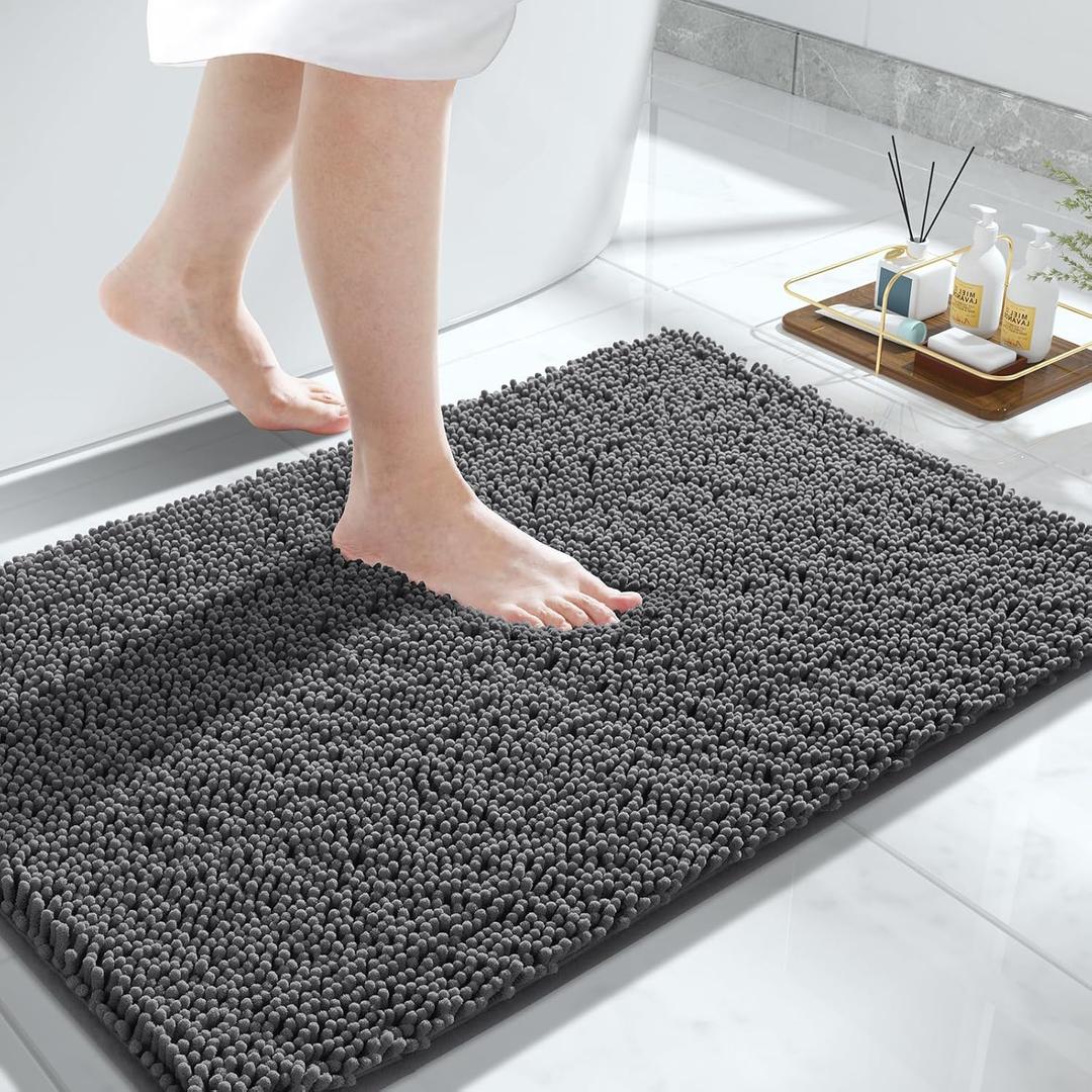 Yimobra Chenille Bathroom Rugs - 32"x20" Super Luxury Soft & Absorbent Quick Dry - Non Slip Bath Mat for Tub Shower - Machine Washable - Dark Gray