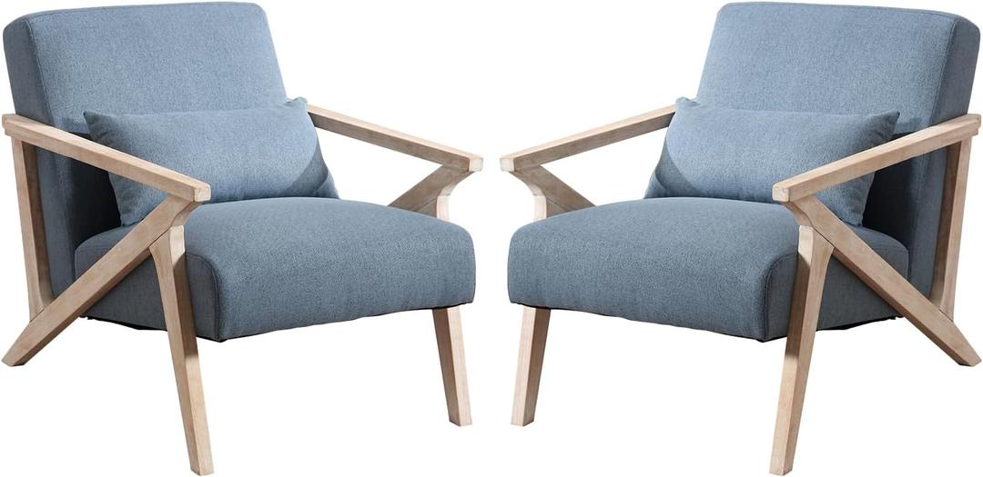Phoenix Home Accent Chair Mid-Century Modern Chair Set of 2, Upholstered Lounge Arm Chair with Wood Frame & Soft Cushion for Living Room, Reading Armchair for Bedroom, Blue