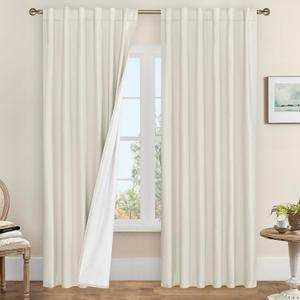 LAMIT Ivory 100% Blackout Linen Curtains, 84 Inch Linen Textured Living Room Farmhouse Curtains Room Darkening Back Tab and Rod Pocket Burlap Neutral Panels with White Liner, 2 Panels, 52 x 84 Inch